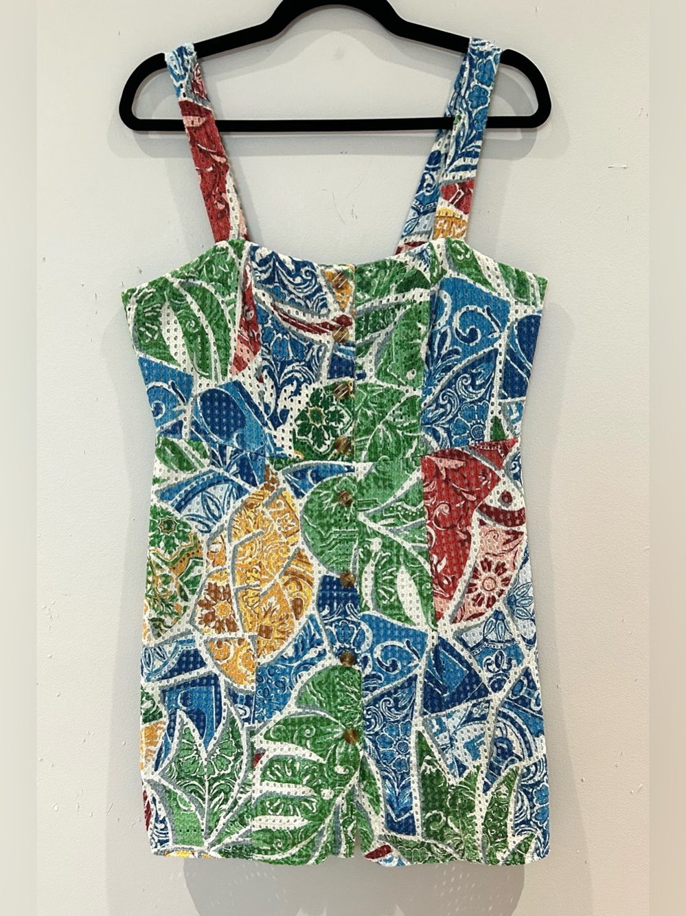 FARM Rio Tropical Tile Mini Dress XL Multicolor Eyelet Cotton Lined - Picture 3 of 9
